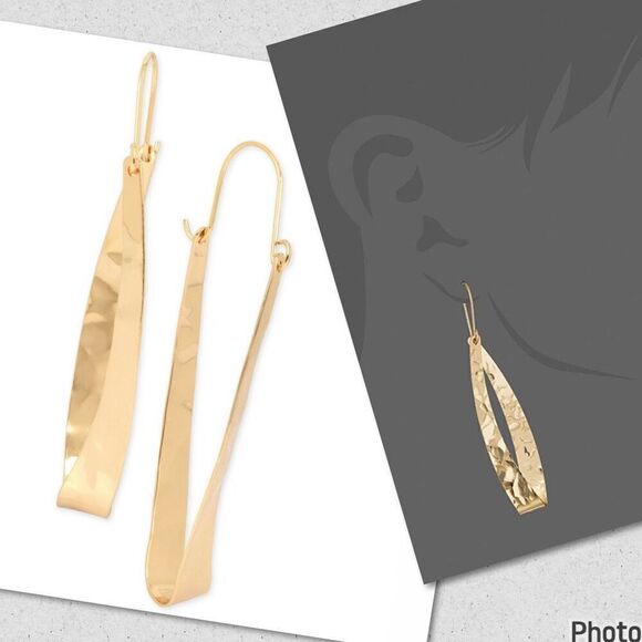 NWT Robert Lee Morris Gorgeous Hammered Polished Gold Long Oval Hoops Earrings - Picture 1 of 12